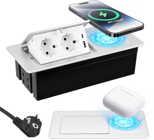 Prise Encastrable Bureau, Bloc Prise Escamotable avec PD20W QC3.0 USB A+C et 15W Charge sans Fil Qi (Téléphone/Montre/Écouteurs), Interrupteur Pop-up, Câble 1.8M 16AWG, Argent (A)