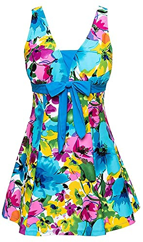 ECUPPER Women's Plus Size Swim Dress One Piece Lake Blue Flower XXL