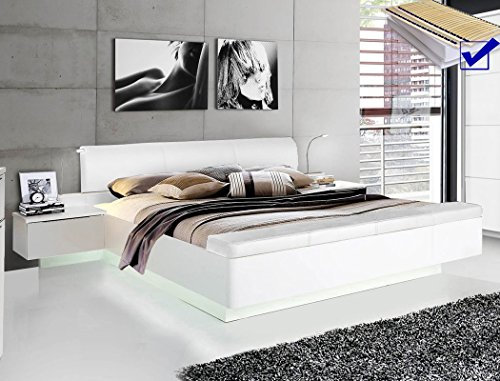 expendio Doppelbett Sophie 1 weiß teilweise Hochglanz 180x200 Ehebett mit 2X Nachtkonsole Beleuchtung Lattenrost Matratze Bett Nachttisch