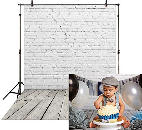 Allenjoy Fabric 5x7FT White Brick Wall with Wooden Floor Photography Backdrop Photo Background Prop for Newborn Baby Photoshoot Photographer