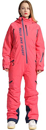 MOUS ONE Women One Pieces Ski Suits Waterproof Warm Insulated Ski Jumpsuit Removable Hood Snowsuit for Snow Sport(Pink, Medium)