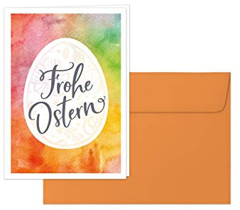 Grußkarte „Frohe Ostern“ – Klappkarte im Aquarell-Stil mit orangefarbenem Umschlag, Design: Oster-Aquarell