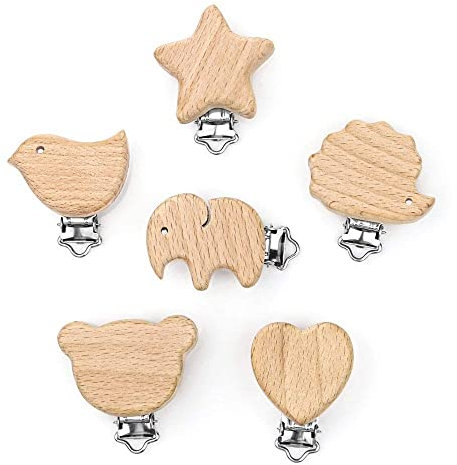 ARTESTAR 6 Stück Schnullerclip Holz Schnullerkette Clip Zubehör Schnullerketten Clips für Schnullerkette Selber Machen Set