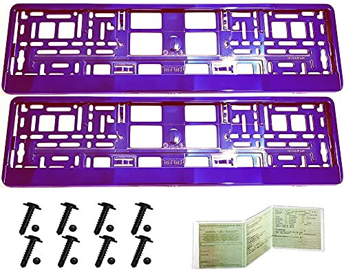2 x Kennzeichenhalter Chrom VIOLETT LILA Kennzeichenhalterung Vollverchromt im Set mit 8 Befestigungsschrauben, Montageanleitug, KFZ Schein Schutzhülle GRATIS
