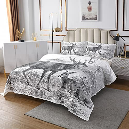 Hirsch Bettdecke Set Hirschgeweih Tagesdecke Safari Tiere Skizze gesteppt für Kinder Jungen Mädchen Elch Wildlife Natürliche Tagesdecke Bettdecke Schlafzimmer Dekor mit 2 Kissenbezüge 220x240