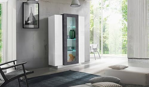 Dmora - Vetrina Kevin, Credenza con tre ante, Mobile da soggiorno multiuso, 100% Made in Italy, cm 80x38h121, Bianco lucido e Ardesia