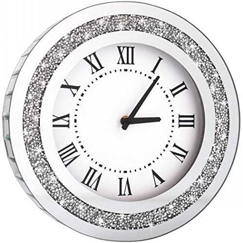 DMDFIRST Silberner runder Spiegel, 30,5 cm, Kristall, funkelnd, glitzernd, Diamant-Wanduhr, für Wanddekoration, silberner Glasspiegel, Heimdekoration, AA-Batterie ist Nicht im Lieferumfang enthalten