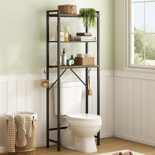 Hoctieon Over The Toilet Storage, 3-Tier Over-The-Toilet Space Saver Organizer Rack, Stable Metal Freestanding Above Toilet Stand with Hooks for Bathroom, Restroom, Laundry, Rustic Brown