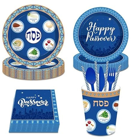 Sederset für Pessach. Für 8 Personen. Koscheres Einweggeschirr für das Fest. Passover (Keara)