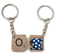 Letter tile keyring with blue spotty teacup embellishment on back - alphabet keyring perfect for small gift or party/wedding favour