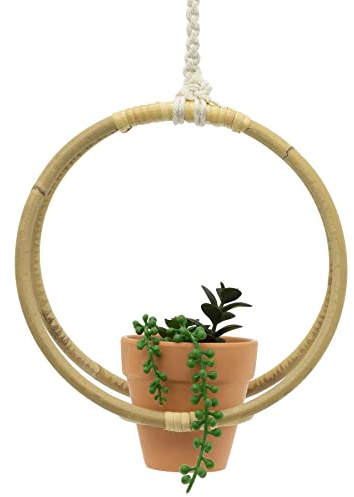Carousel Home 25cm Artificial Hanging Basket Plant Pots Indoor | Artificial Succulent In Bamboo Hanger Faux Hanging Planter | Artificial Potted Plant