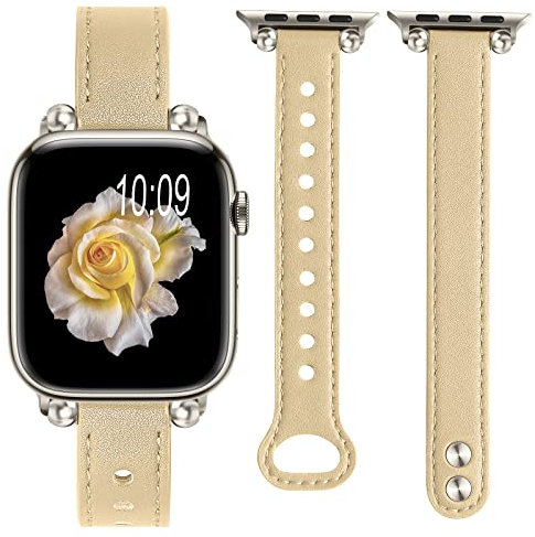 Oulucci Slim Band Compatible with Apple Watch Bands 45mm 44mm 42mm Ultra 49MM For women, Grain Leather Band Thin Replacement Strap For Iwatch Series 8 7 6 5 se 4 3 2 1(Beige/Starlight,45MM/44MM/42MM)