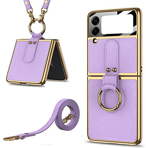 CeeEee Samsung Galaxy Z Flip 4 5g Custodia in Pelle con Anello e Tracolla Custodia Protettiva Bulit-in Pellicola Protettiva per Schermo Piccolo, Viola