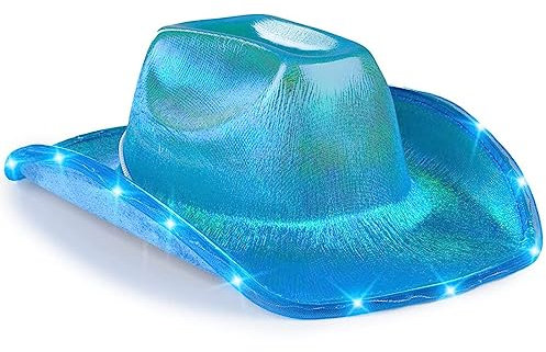 LEEMASING Unisex-Cowboyhut mit blinkender LED-Krempe für Hochzeit, Abschlussball, Geburtstag, Party, Halloween, Weihnachten, Cosplay (blau), M