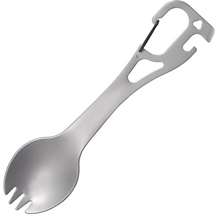 5 in 1 Stainless Steel Spork Camping Cookware Set Fork Spoon Combo with Can Opener Key Chain Bottle Opener Suitable for Outdoor Picnics Hiking Fishing Travel