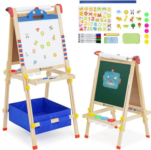NUKied Kinder Spiel-Tafel aus Holz| 3-in-1-Kinderstaffelei mit Papierrolle, Höhenverstellbare Kunststaffelei, Magnetische Tafel und Whiteboard für Kinder, Kleinkinder, Geburtstags
