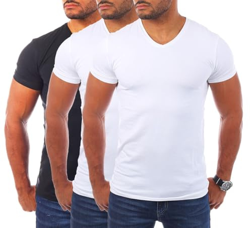 Young & Rich Herren Uni T-Shirt mit V-Ausschnitt Basic V-Neck Tee mit Stretchanteilen einfarbig Slim fit 1700