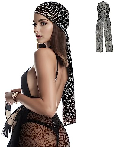 Munyee Hua Langes Strass-Kopftuch für Damen, modisches glitzerndes Stirnband, glitzernde Kopfbedeckung, Schwarz, elastic