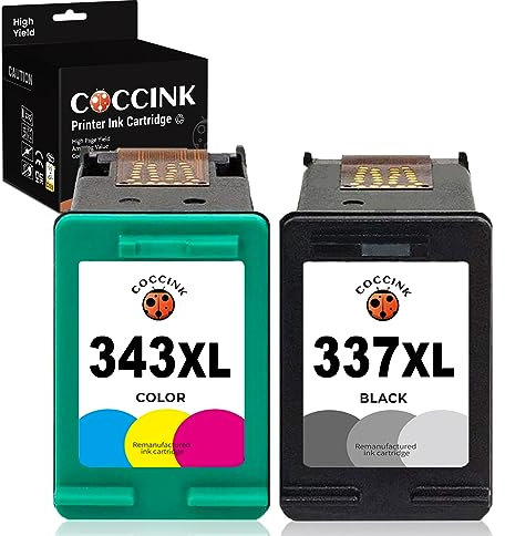 COCCINK 337XL 343XL (1 Schwarz, 1 Farbe) Wiederaufbereitete Druckerpatronen Ersatz für HP 337 343 XL für Photosmart 2500 2570 2573 2575 C4110 C4180 8049 DeskJet D4160 5940 Officejet 6300 Drucker