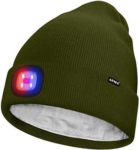 ATNKE Unisex LED Mütze mit Licht,Wiederaufladbare USB 4 LED Rot und Blau Leuchten Blinkender Laufmütze Lampe Warme Gefüttertes Fleece Stricken Mütze für Herren und Damen Geschenke/Army Green