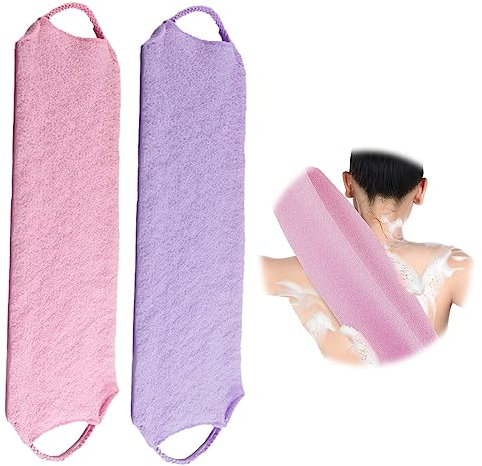 Kireida® Lot de 2 gants de toilette exfoliants pour le dos avec corde extensible et structure de massage - Parfait pour la douche et pour enlever la saleté (rose et violet)