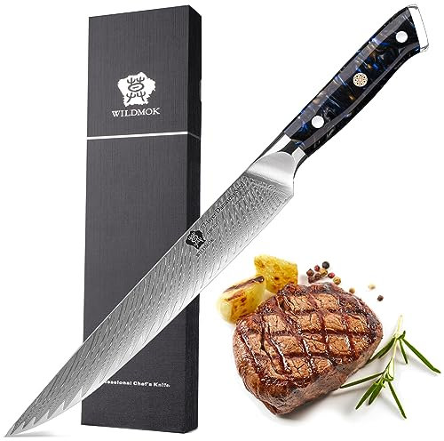 WILDMOK Damast Schinkenmesser, 22.8cm scharfes professionelles Fleischmesser, Multifunktionales Küchenbeilmesser aus japanischem Super VG10 Stahl mit Vollerl Griff