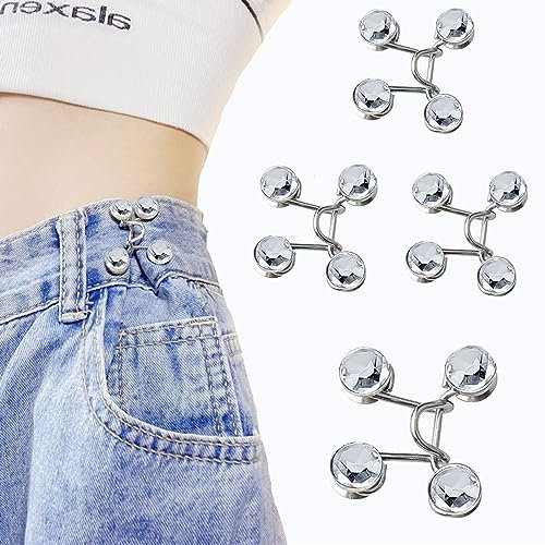 KOBOKO Jean Hose Enger Machen Clip, 4 Sets Verstellbare Knöpfe Hosen Enger Machen, Verstellbare Hosenbund Enger Machen, Nähfreiknopf Button, Strass Metallknöpfe für Rock Jeans Hosen (Silber)