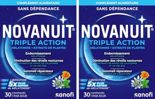 NOVANUIT TRIPLE ACTION – Mélatonine 1mg – Complément Alimentaire – Endormissement – Réveils nocturnes –Sommeil réparateur - Sans dépendance ni accoutumance – 30 comprimés – Réservé à l’adulte – Lot 2
