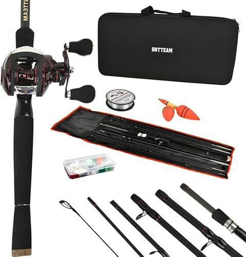 BNTTEAM Baitcasting-Angelrolle und Rutenkombinationen aus Hartkohlefaser, Teleskop, tragbar, für Reisen, Surfen, Salzwasser, Süßwasser, Boot (TYPE 2, rechter Griff, 2,1 m)