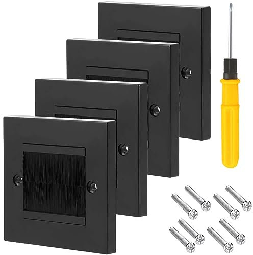 Acmerota Placa de pared con cepillo 86, placa frontal de cepillo de una sola banda para enchufes y cables ordenados, paso de cables, placa de pared negra con cepillo negro, 4 piezas