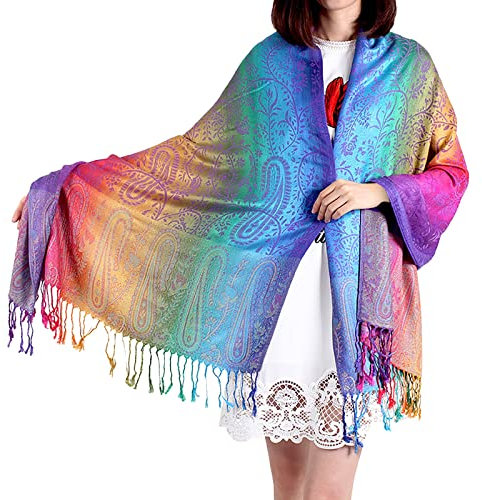 pvucpot Damen Schal Marokko Regenbogen-Farben Pashmina - Viskose/Polyester - xxl bunt/mehrfärbig Halstuch