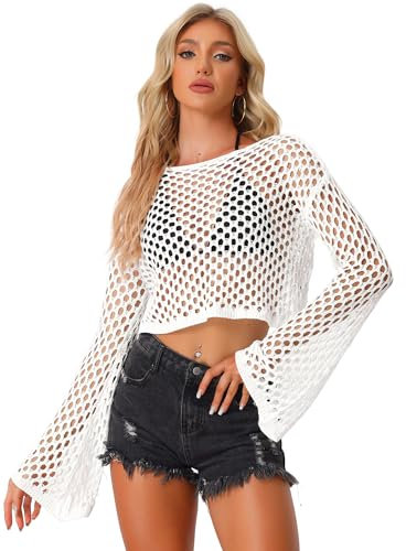 Allegra K Women's Boho Crochet Hollow Out Cover Up Bell Sleeve Beach Fishnet Crop Top, White, M
