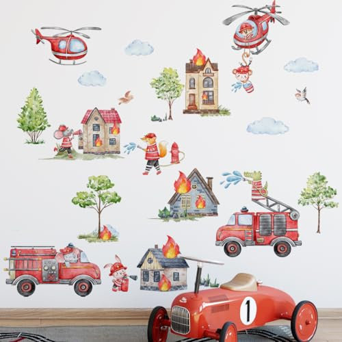 Runtoo Wandtattoo Feuerwehrauto Wandaufkleber Autos Hubschrauber Feuerwehrmann Tiere Wandsticker Kinderzimmer Babyzimmer Spielzimmer Wanddeko