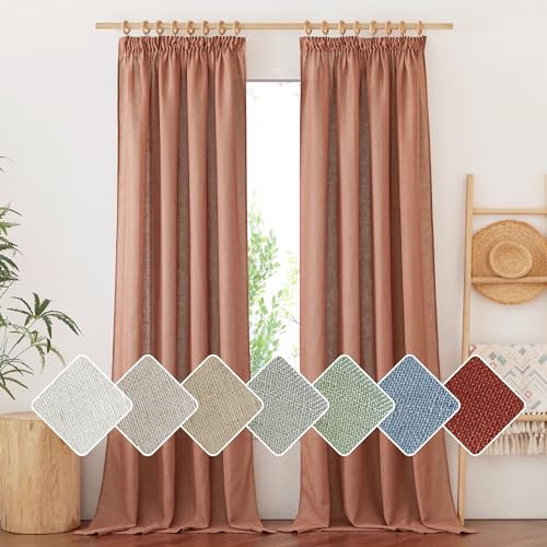 PONY DANCE Leinenvorhänge mit Kräuselband 2er Set H 245 x B 140 cm Wohnzimmer Vorhang Boho Leinen Gardinen Halbtransparent Leinenoptik Gardinen mit Röllchen für Schienensystem, Rotbraun