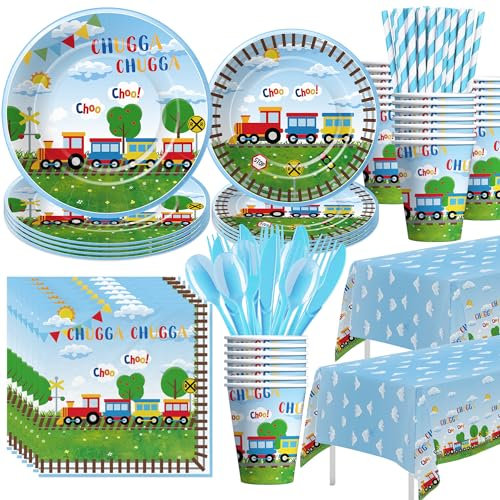 APOWBLS Train Birthday Party Supplies Tableware, Chugga Choo Train 1st 2nd 3rd Birthday Decorations, Paper Plate, Cup, Napkin, Disposable Cutlery, Straw, Tablecloth | 24 Guests