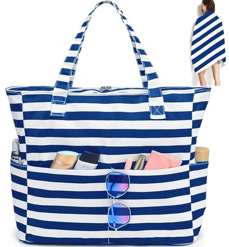LEDAOU Große Strandtasche mit reißverschluss Damen Strandtuch Tote bag & Strandtuch Hausschuhe Wasserdicht Umhängetasche Tragetasche shopper sanddicht Pool Fitness Reisetasche familie