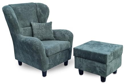 lifestyle4living - Moderner Ohrensessel mit Hocker – Große Auswahl an Stoffen und Farben - Gemütlicher Designer-Sessel im eleganten Landhaus-Stil, Cordgrün