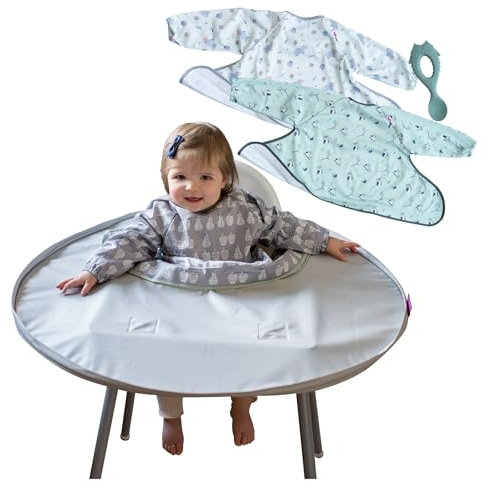 Tidy Tot™ Lätzchen und Tablett Multi Set. Tischset für den Hochstuhl mit 3 langärmeligen Lätzchen. Wird an Ihrem Hochstuhl befestigt. 3 Lätzchen mit Ärmeln das Baby. LFGB SIlicone Entwöhnungslöffel