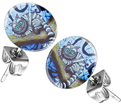 Taffstyle Damen Herren Stecker Rund Klein Ohrstecker Ohrringe Schmuck Runde Platte Silber mit Motiv liegende Grinsekatze Alice im Wunderland
