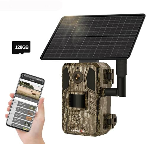 Solar Wildkamera mit Handyübertragung App, 0.2s Auslösezeit, 15 M Nachtsicht, 95° Erfassungswinkel, PIR Bewegungsmelder, 2-Wege-Audio, 128G Speicherkarte, IP66 Wasserdicht für Wildlife Monitoring