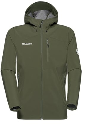Mammut Mens Outdoor Softshell Hooded Jacket, Windproof and Water Resistant for Hiking and Traveling, Dark Green, Large