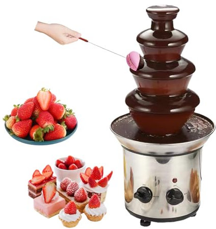 PLABNK Chocolate Fondue Fountain(4 Tiers, 2-lbs Capacity), Stainless Steel/Chocolate Melting Pot, Knob Constant Temperature, Easy To Clean-Party Activities,Natural