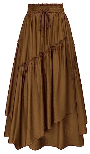 Mittelalter Rock Damen mit Tasche Elastische Hohe Taille Pastchwork Cosplay Piraten Rock M Dunkelbraun