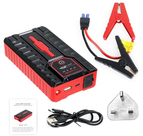 RFEGJVII Avviatore di emergenza per auto, 49800 mAh, caricabatterie portatile Power Bank, batteria da 12 V con cavi Smart Morsetto, ricarica USB, scatola di salto per torcia a LED, colore rosso 1