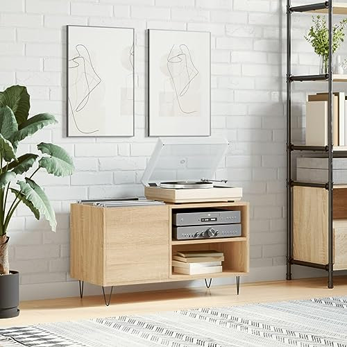 IKAYAA Mueble Tocadiscos 85x38x48 cm, Mueble de Discos de Madera, Tocadiscos de Vinilo Stand, Estanteria CD, Mueble para Vinilos, 5E4DS Roble Sonoma