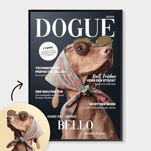 WAUZY Personalisiertes Poster DOGUE mit Hund | Geschenk für Hundebesitzer - Bild Hund - Wandposter mit Echtholzrahmen & Fotopapier