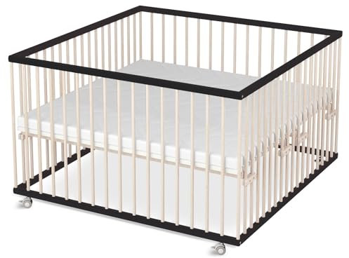 Sämann Laufstall Baby mit Lattenrost und Matratze | stufenlos höhenverstellbar | Laufgitter Premium | Babybett aus Holz | Krabbelgitter (schwarz/natur, 120x120 cm)