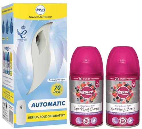 Automatic Air Freshener Machine with 2 Sparkling Berry Refills - 250ml Fresh & Fruity Scent with Raspberry and Blackberry Notes for a Sweet, Inviting Fragrance - Ideal for Homes, Offices, and More