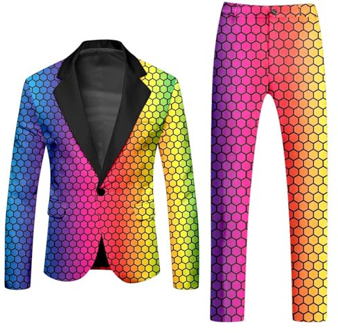 RUMAOZIA Anzug Herren 2 Teilig Sets Disco Outfit Hochzeit Mottoparty Disco-Anzug 80er Jahre Outfit Glitzer Sakko Jacke und Hose Regenbogen Druck Anzüge für Discokugel Party Karneval Kustüm