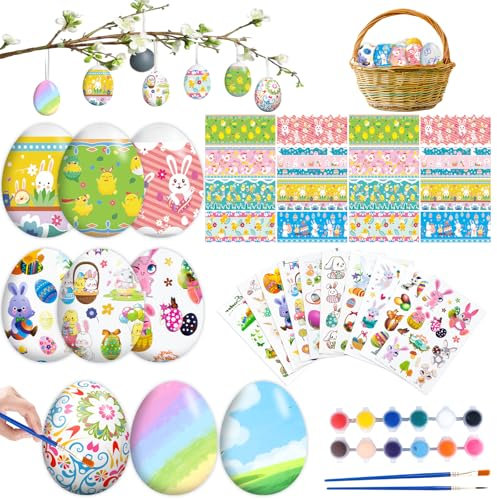 NTGFU Ostereier Osterdeko, Plastikeier mit Schnur und Ostern Aufklebern, DIY Ostereier zum Aufhängen und Bemalen, Osterdekoration, Ostern geschenke Kinder, Schule Partybedarf Korb Stuffer Filler